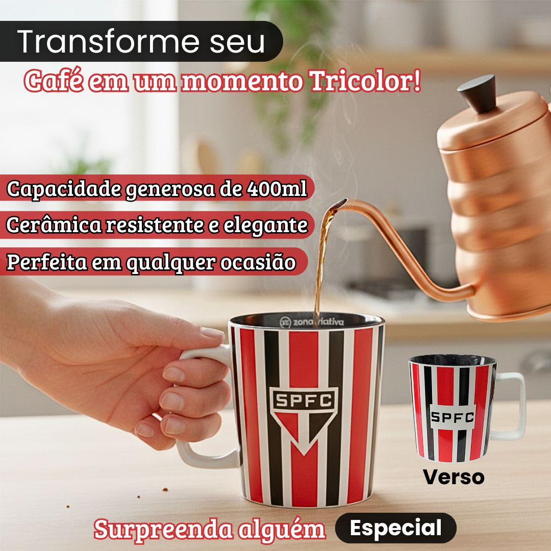 Caneca Cerâmica São Paulo 400ml Presente Pai Café Tricolor Futebol - Imagem 2