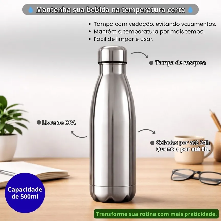 Garrafa Térmica Curve Power Steel 500ml Resistente Estilosa Prática Escola Academia Passeio Água Bebida - Imagem 2
