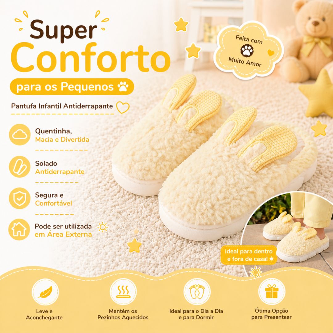 Pantufa Infantil Amarela Coelhinho Quarto Frio Inverno Antiderrapante Menino Menina Criança Pelucia - Imagem 2