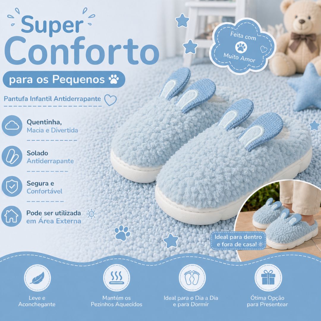 Pantufa Infantil Azul Coelhinho Quarto Frio Inverno Antiderrapante Menino Criança Pelucia - Imagem 2