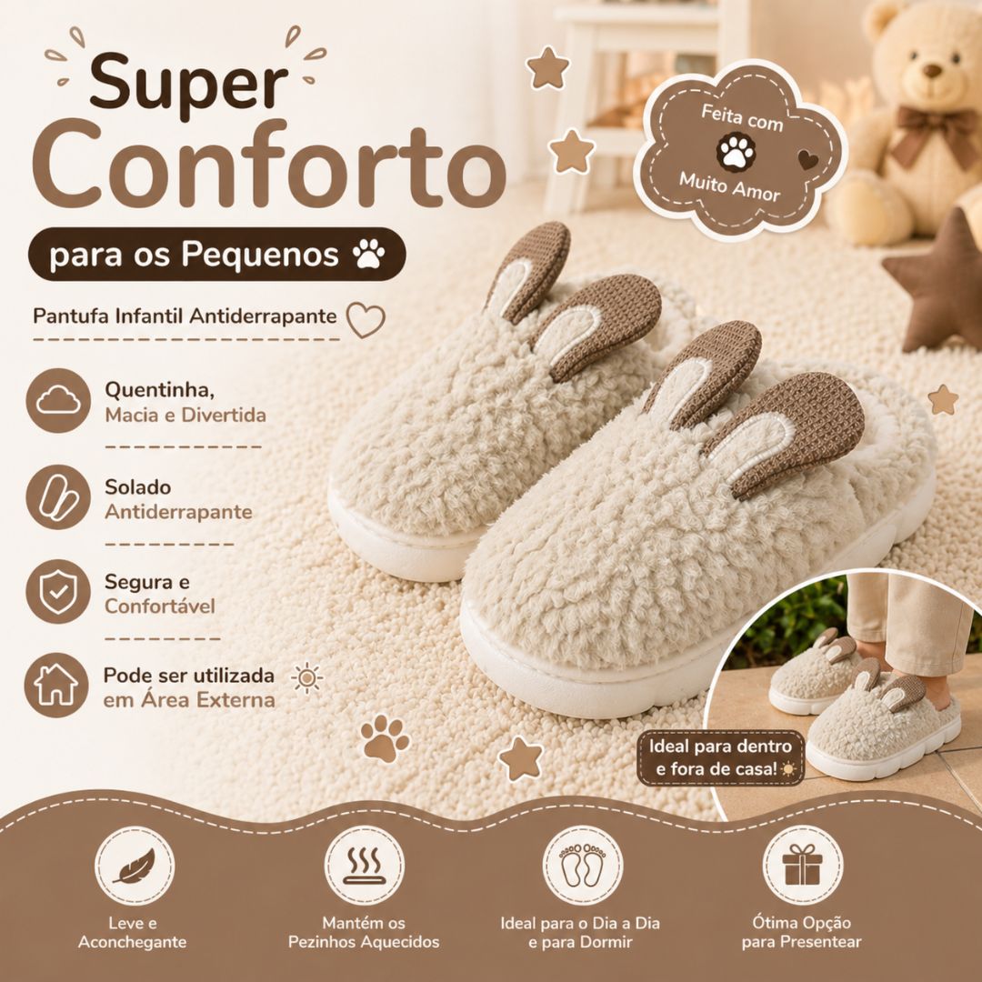 Pantufa Infantil Marrom Coelhinho Quarto Frio Inverno Antiderrapante Menino Menina Criança Pelucia - Imagem 2