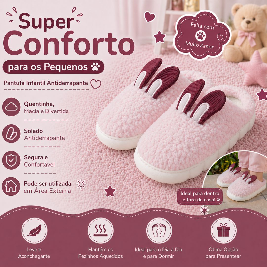 Pantufa Infantil Rosa Coelhinho Quarto Frio Inverno Antiderrapante Menino Menina Criança Pelucia - Imagem 2