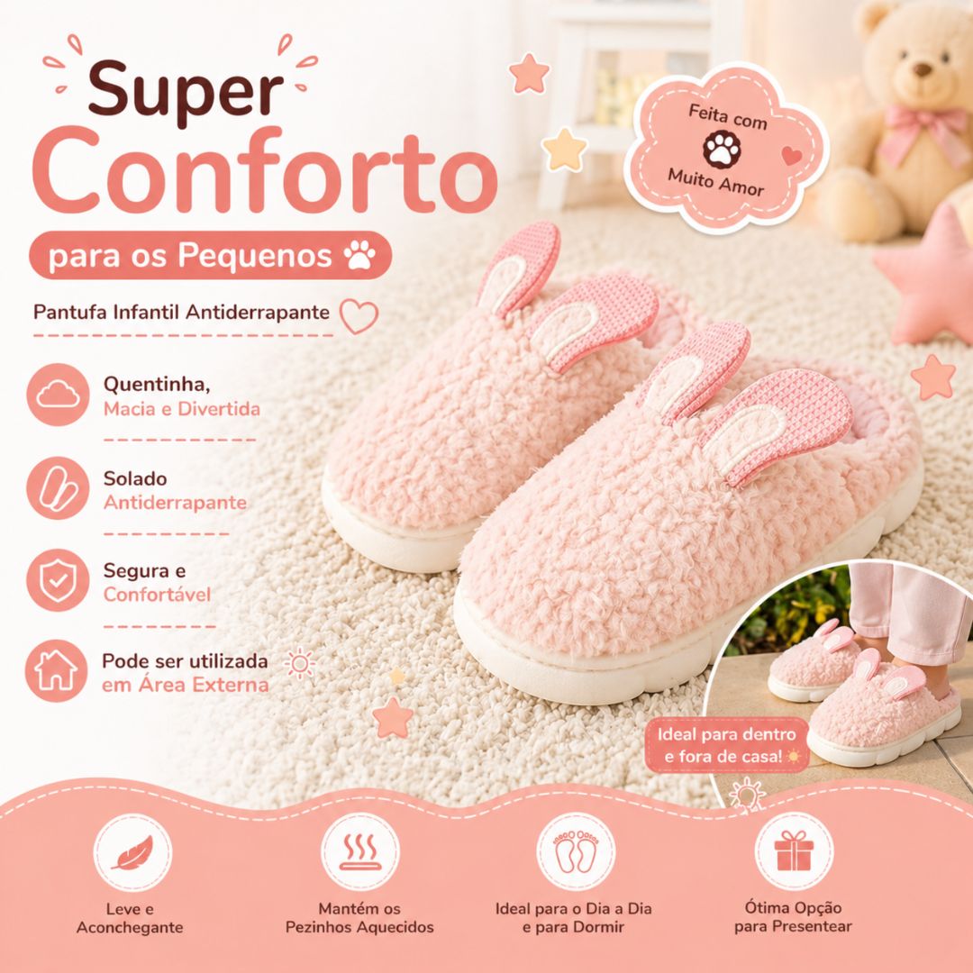 Pantufa Infantil Salmão Coelhinho Quarto Frio Inverno Antiderrapante Menino Menina Criança Pelucia - Imagem 2