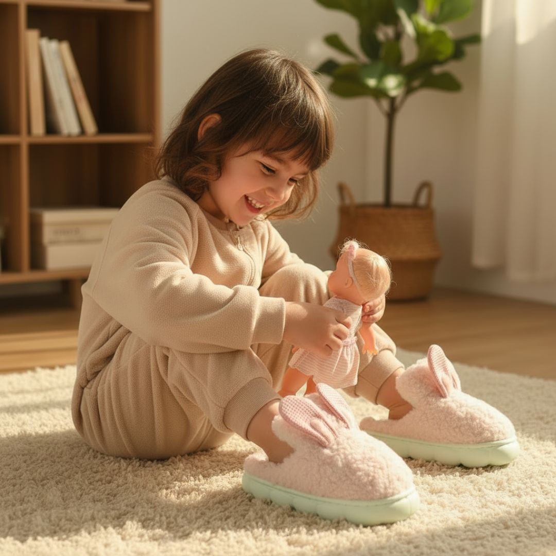 Pantufa Infantil Salmão Coelhinho Quarto Frio Inverno Antiderrapante Menino Menina Criança Pelucia - Imagem 4