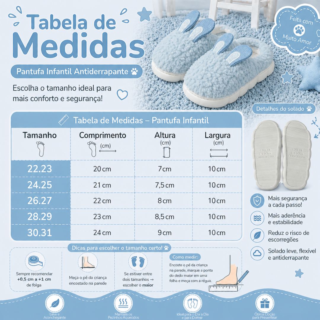 Pantufa Infantil Azul Coelhinho Quarto Frio Inverno Antiderrapante Menino Criança Pelucia - Imagem 5