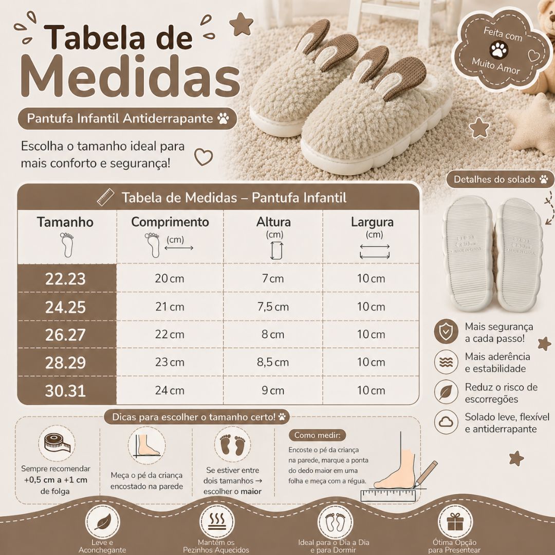 Pantufa Infantil Marrom Coelhinho Quarto Frio Inverno Antiderrapante Menino Menina Criança Pelucia - Imagem 5
