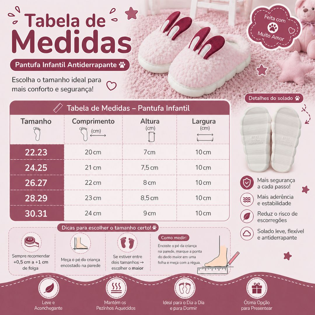 Pantufa Infantil Rosa Coelhinho Quarto Frio Inverno Antiderrapante Menino Menina Criança Pelucia - Imagem 5