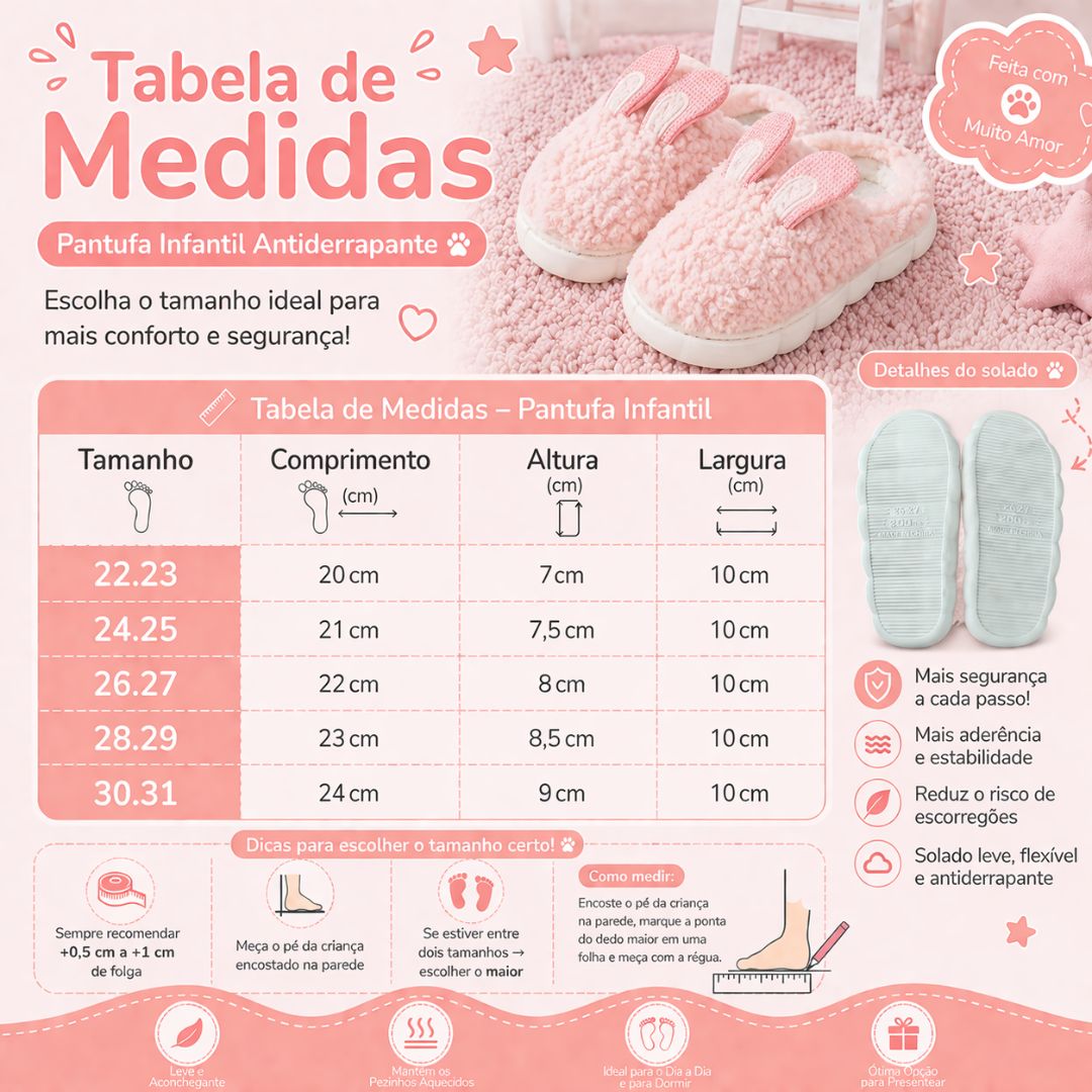 Pantufa Infantil Salmão Coelhinho Quarto Frio Inverno Antiderrapante Menino Menina Criança Pelucia - Imagem 5