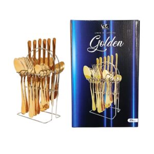 Kit Talheres Inglaterra Golden  Inox Dourado 25 Peças Suporte Presente Mesa Posta Almoço Jantar