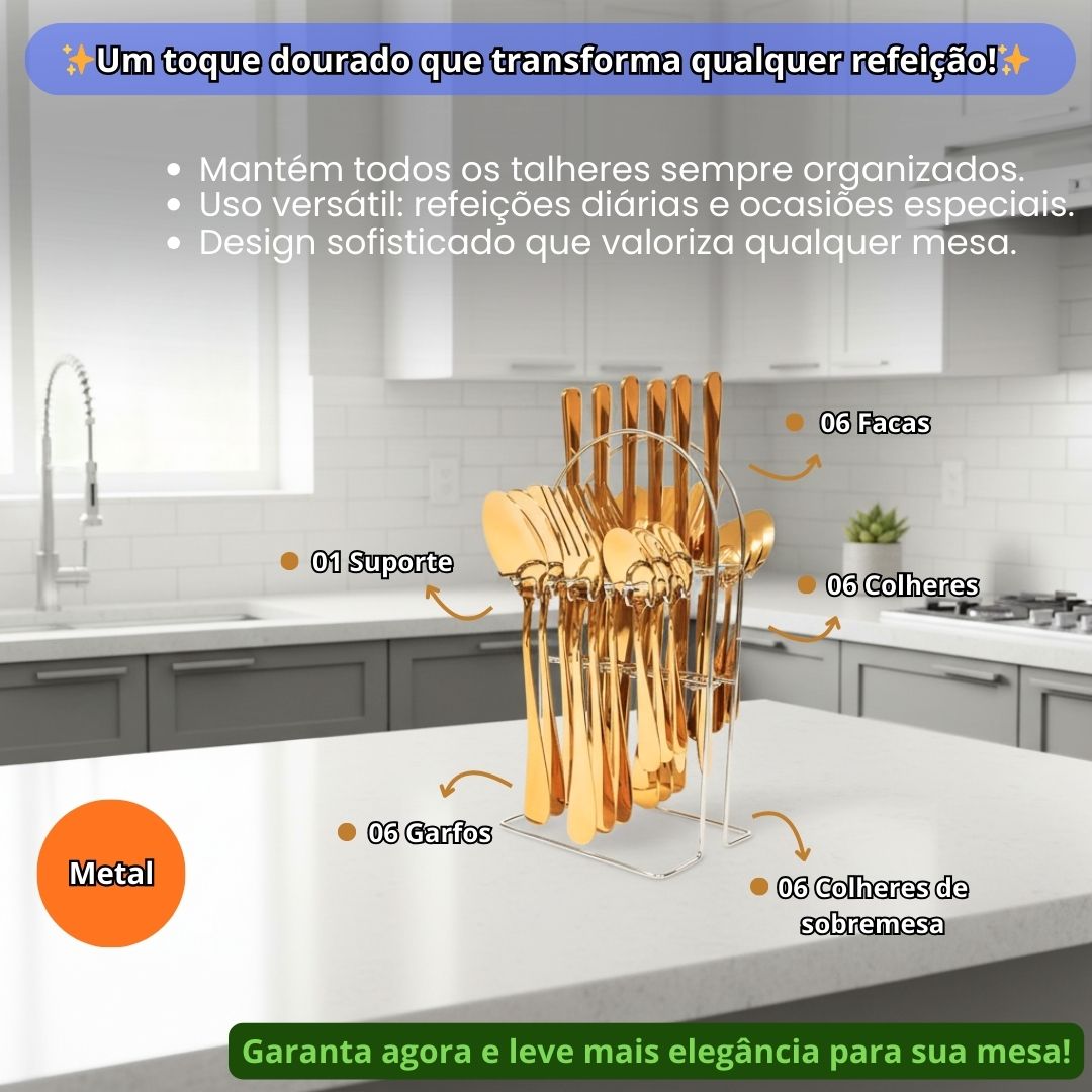 Kit Talheres Inglaterra Golden  Inox Dourado 25 Peças Suporte Presente Mesa Posta Almoço Jantar - Imagem 2