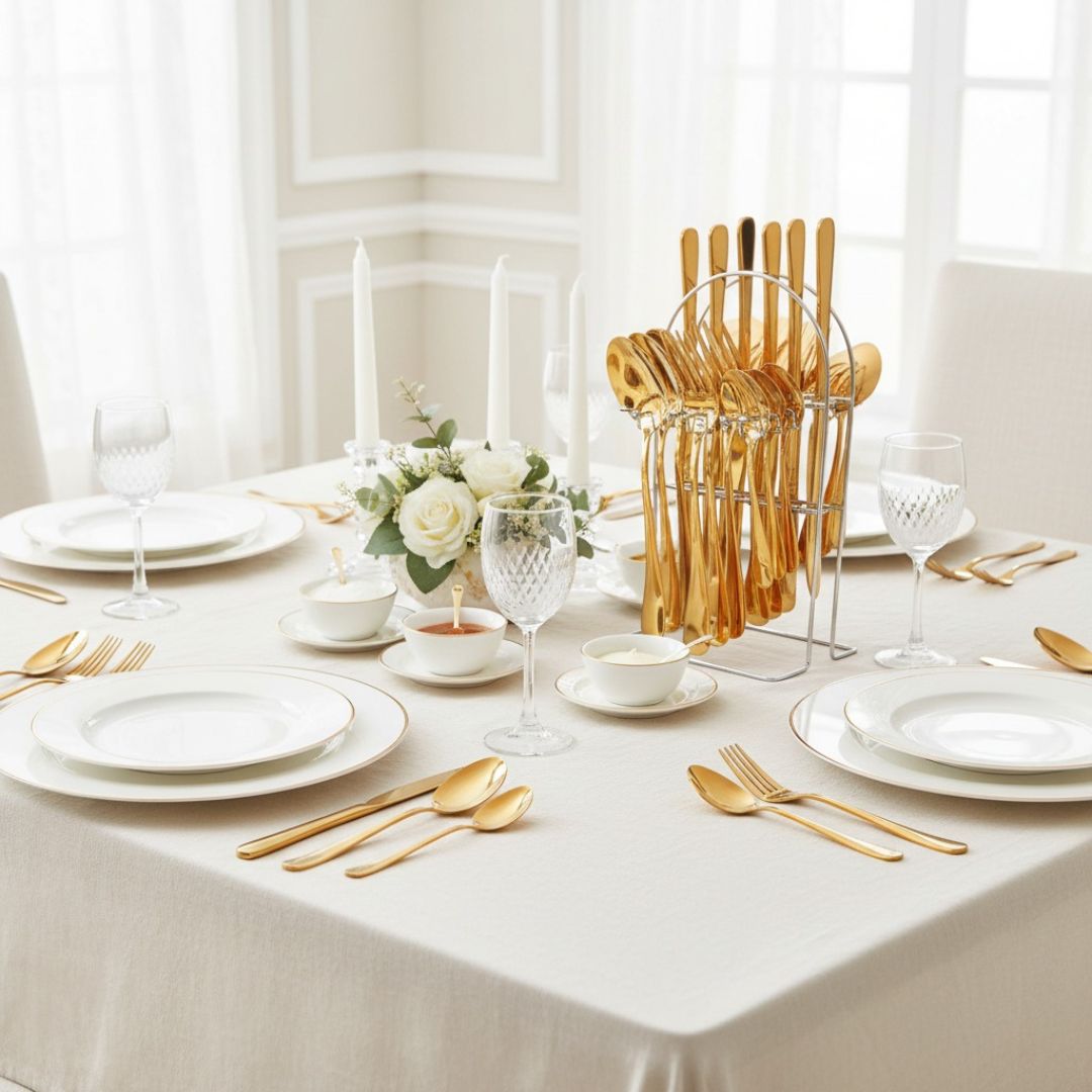 Kit Talheres Inglaterra Golden  Inox Dourado 25 Peças Suporte Presente Mesa Posta Almoço Jantar - Imagem 3