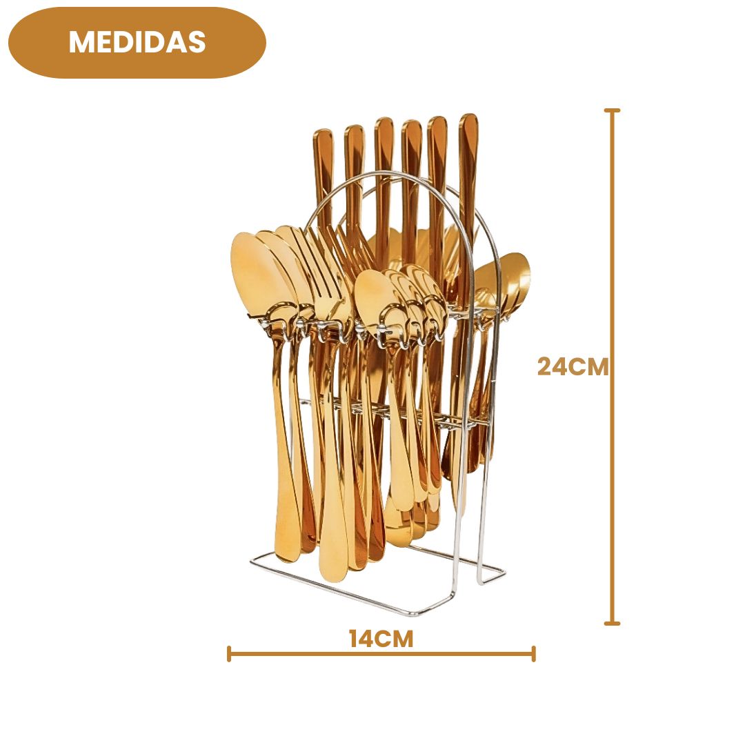 Kit Talheres Inglaterra Golden  Inox Dourado 25 Peças Suporte Presente Mesa Posta Almoço Jantar - Imagem 4