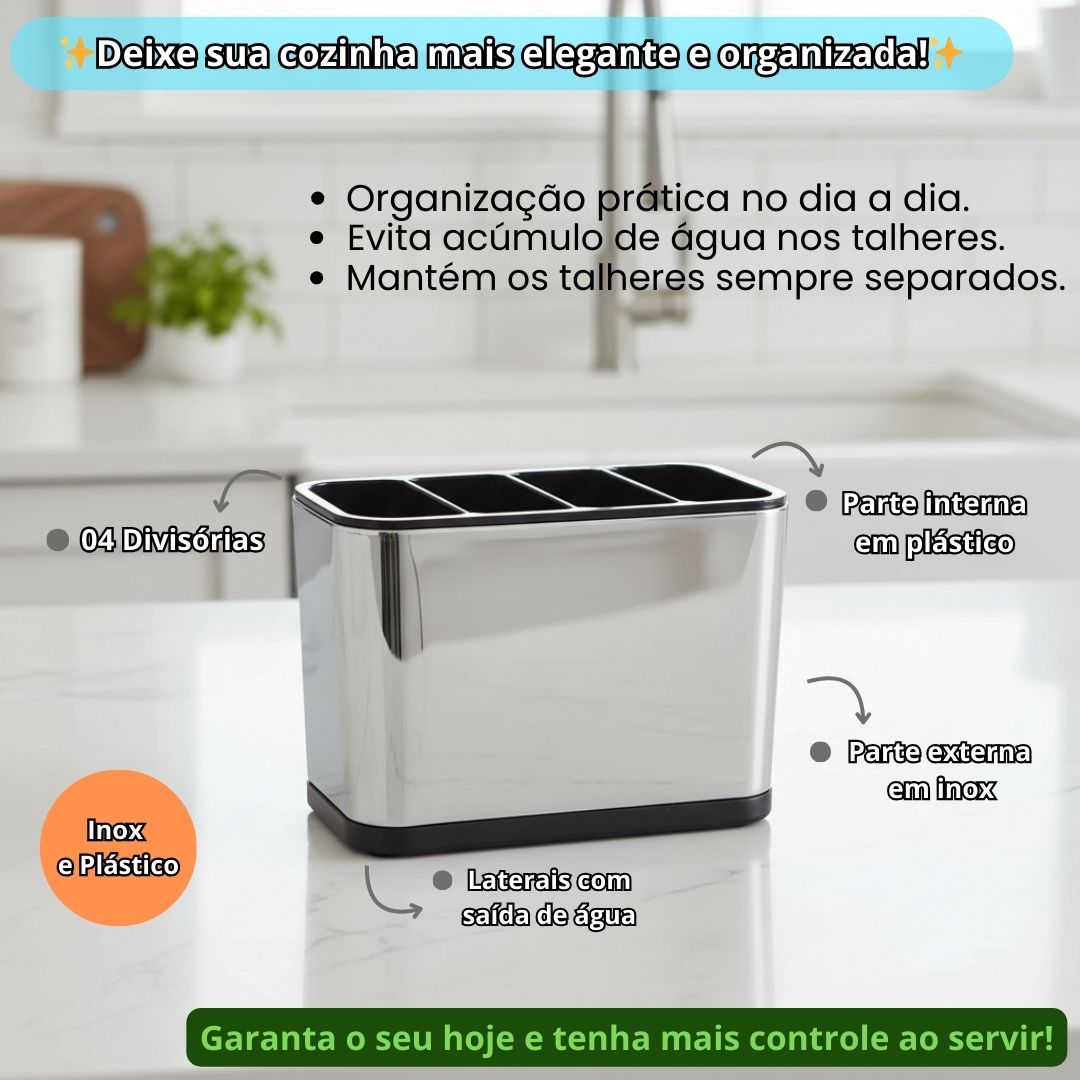 Escorredor Porta Talheres Aço Inox Pia Cozinha 04 Divisórias Moderno Organizador Compacto Resistente - Imagem 2