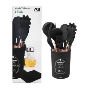 Kit de Talheres 13 peças Flórida de Silicone Preto Utensílios Antiaderentes Cozinha Porta Talheres Jantar Cabo Madeira
