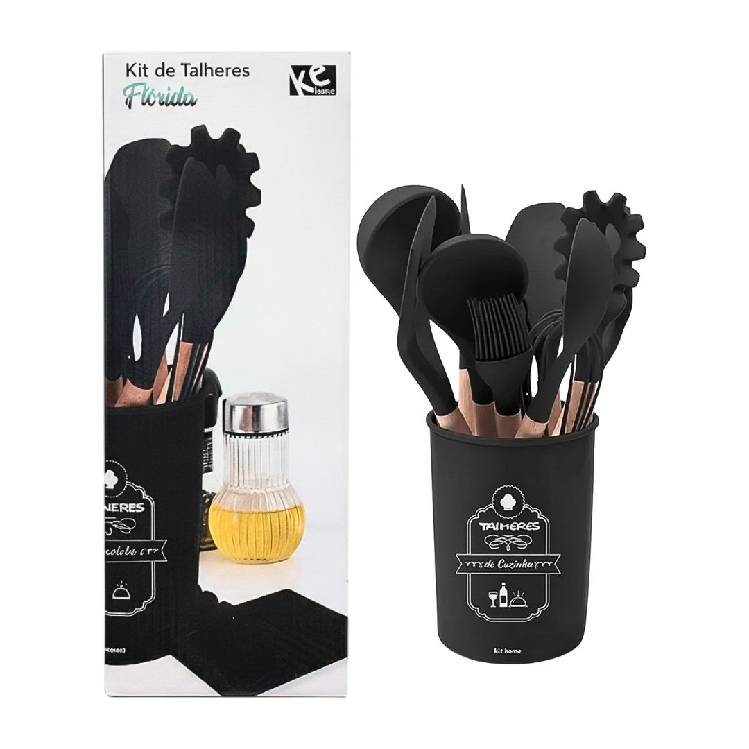 Kit de Talheres 13 peças Flórida de Silicone Preto Utensílios Antiaderentes Cozinha Porta Talheres Jantar Cabo Madeira