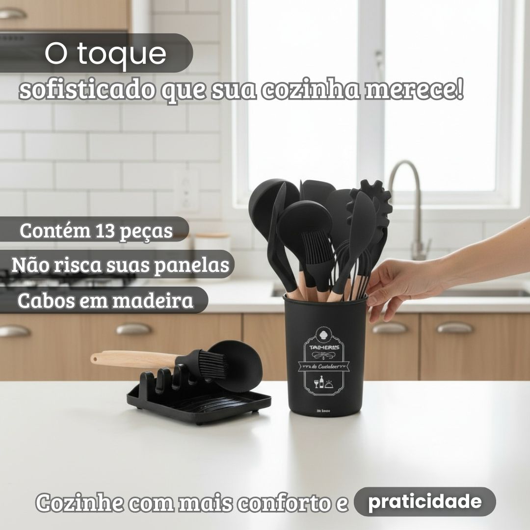 Kit de Talheres 13 peças Flórida de Silicone Preto Utensílios Antiaderentes Cozinha Porta Talheres Jantar Cabo Madeira - Imagem 2
