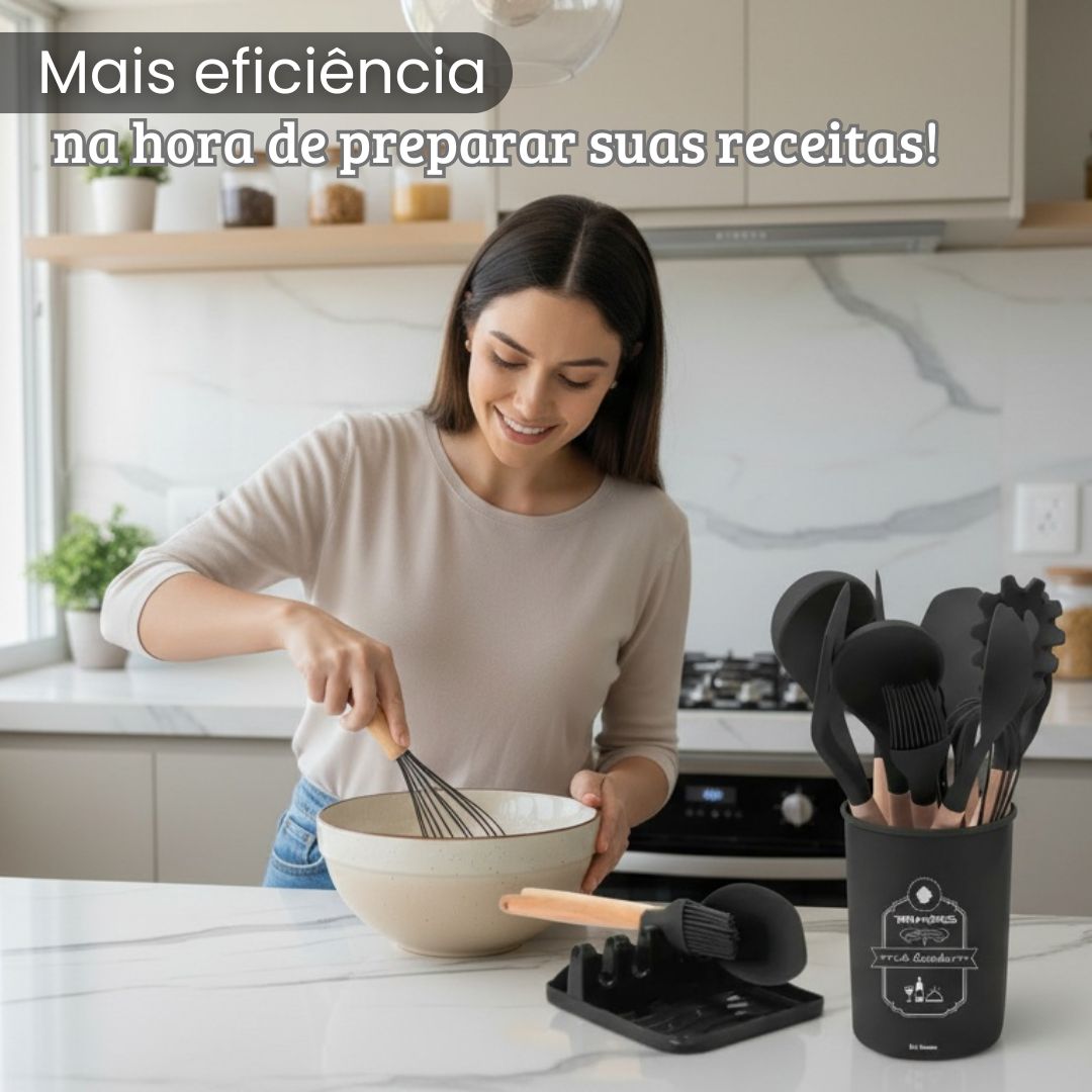 Kit de Talheres 13 peças Flórida de Silicone Preto Utensílios Antiaderentes Cozinha Porta Talheres Jantar Cabo Madeira - Imagem 3