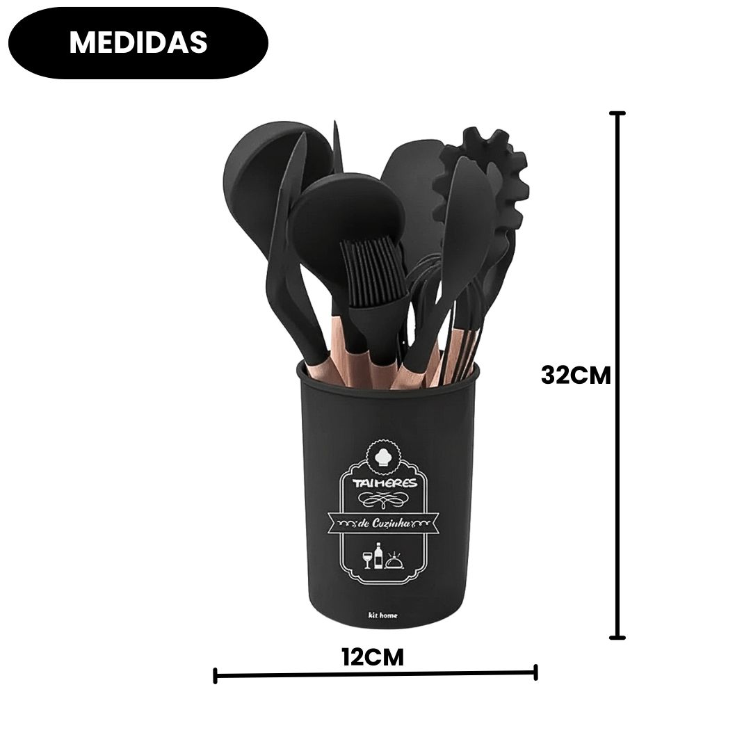 Kit de Talheres 13 peças Flórida de Silicone Preto Utensílios Antiaderentes Cozinha Porta Talheres Jantar Cabo Madeira - Imagem 4