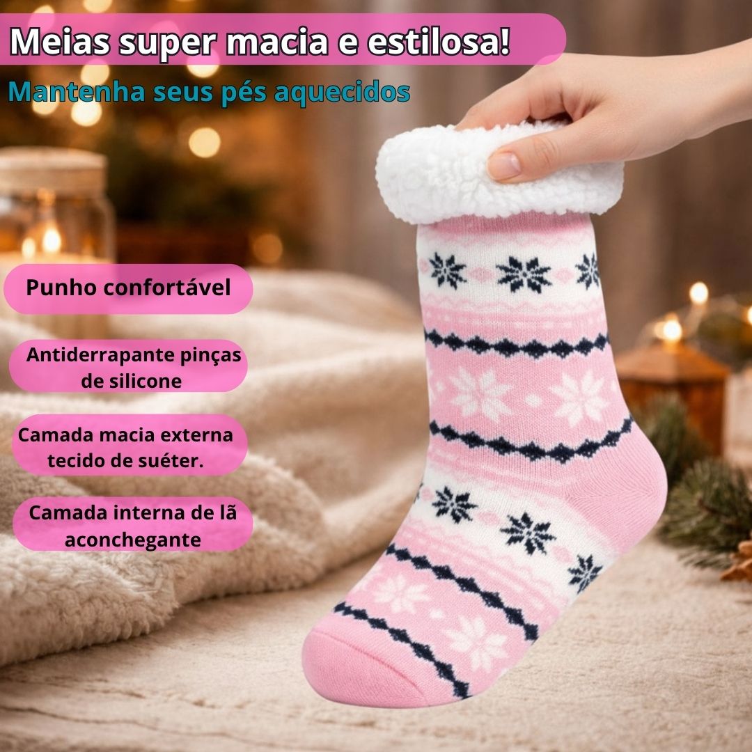 Meia Térmica  Rosa Adulto Frio Inverno Antiderrapante Forrada Feminina - Imagem 2