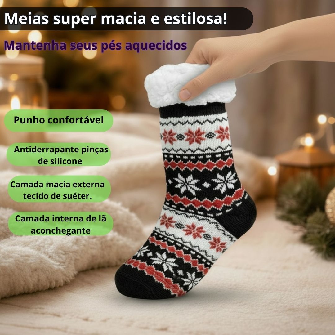 Meia Térmica Preto  Adulto Frio Inverno Antiderrapante Forrada - Imagem 2