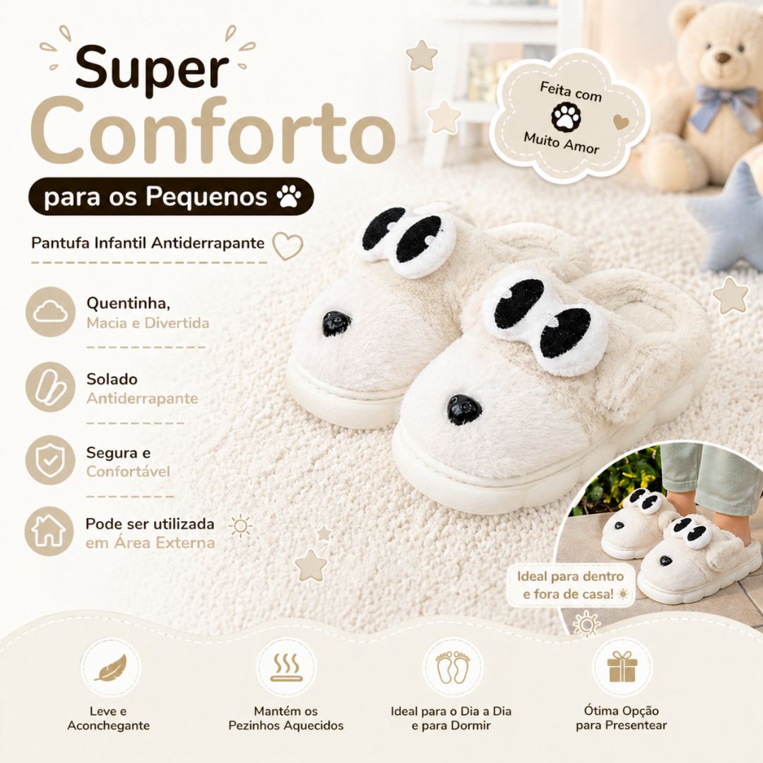 Chinelo Pantufa Infantil Cachorrinho Off White Inverno Quarto Criança Frio Térmica Antiderrapante Menino Menina Comfort - Imagem 2