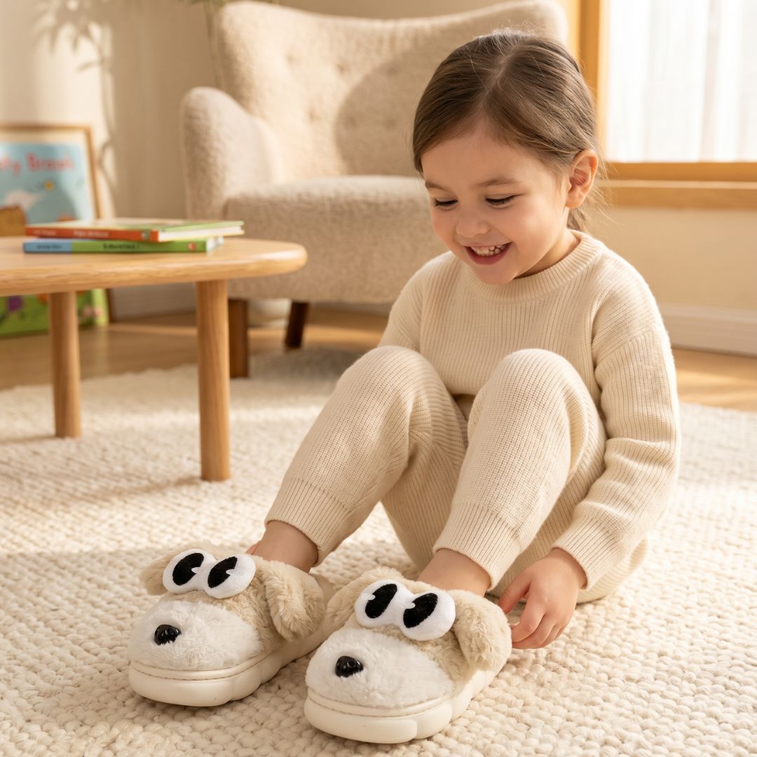 Chinelo Pantufa Infantil Cachorrinho Off White Inverno Quarto Criança Frio Térmica Antiderrapante Menino Menina Comfort - Imagem 4