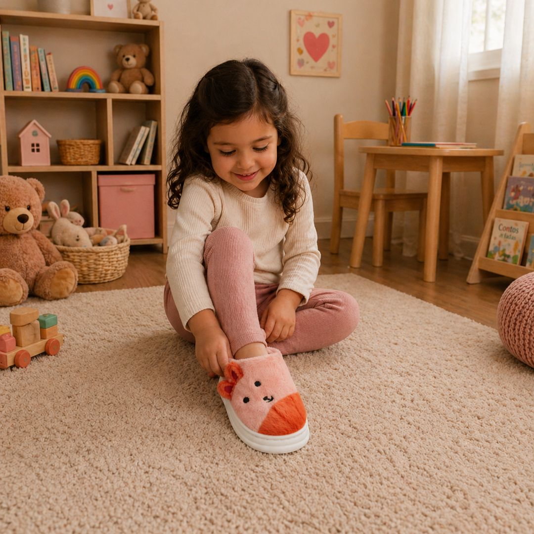 Chinelo Pantufa Infantil Coelho Colorida Salmão Inverno Quarto Criança Frio Térmica Antiderrapante Menina Comfort Peluci - Imagem 4