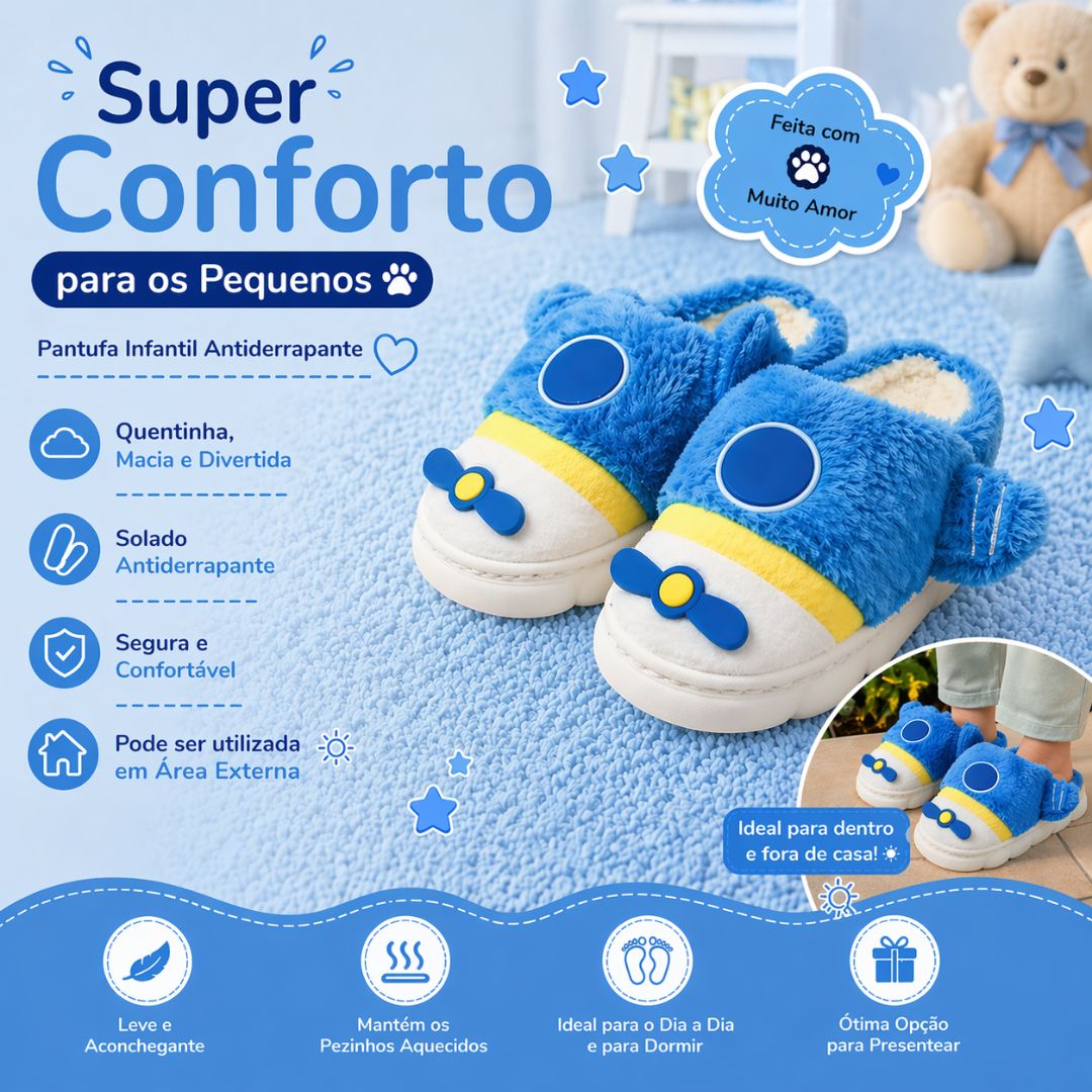 Chinelo Pantufa Infantil Azul Colorida Inverno Quarto Criança Frio Térmica Antiderrapante Menino Comfort Peluciado Aconc - Imagem 2