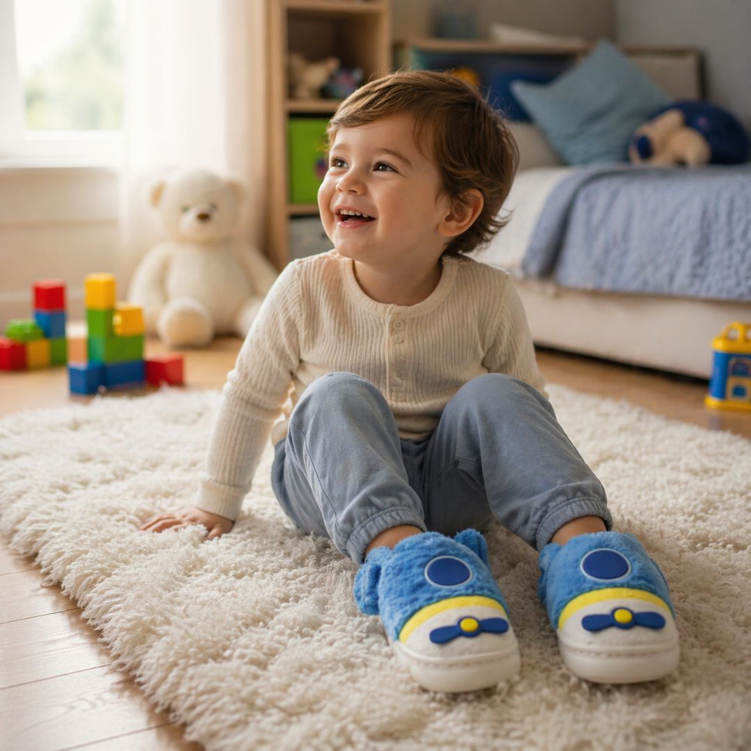Chinelo Pantufa Infantil Azul Colorida Inverno Quarto Criança Frio Térmica Antiderrapante Menino Comfort Peluciado Aconc - Imagem 4