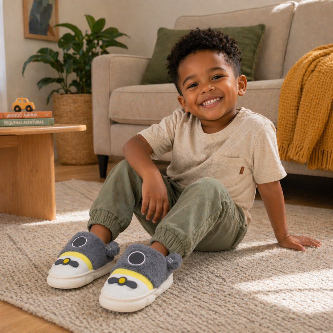 Chinelo Pantufa Infantil Cinza Colorida Inverno Quarto Criança Frio Térmica Antiderrapante Menino Comfort Peluciado Acon - Imagem 3