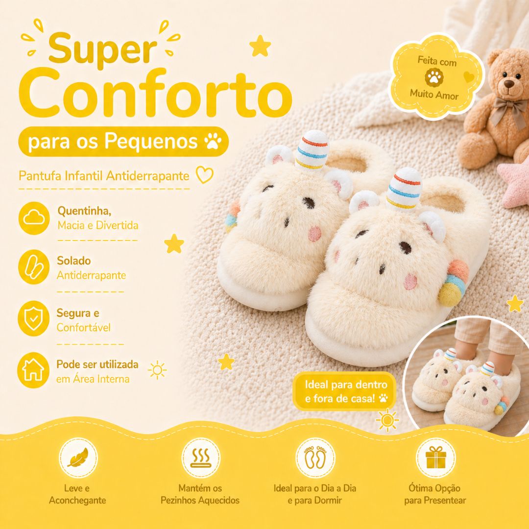 Pantufa Infantil Unicórnio Amarelo Inverno Quarto Criança Frio Térmica Antiderrapante Unissex Comfort Peluciado Aconcheg - Imagem 2