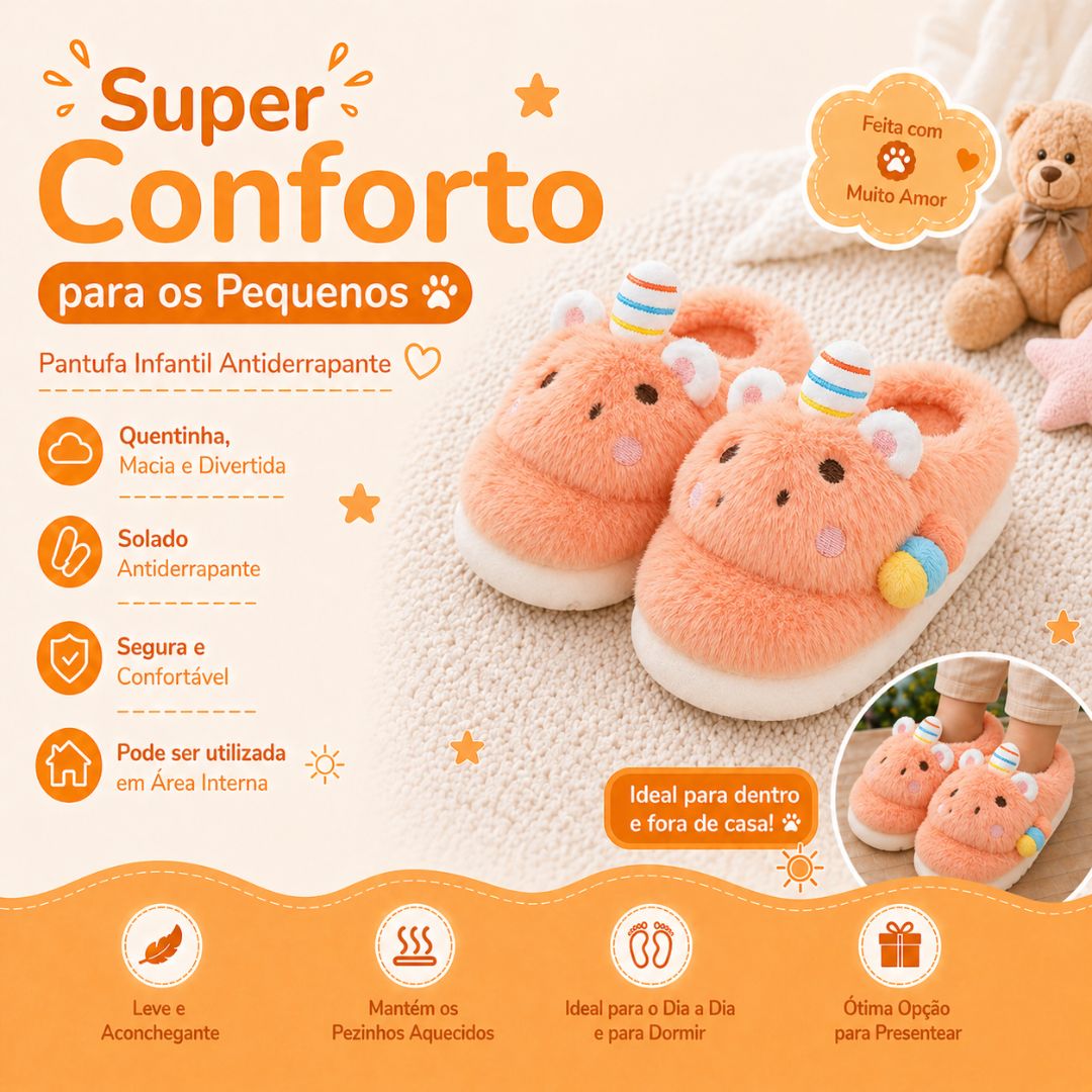 Pantufa Infantil Unicórnio Laranja Inverno Quarto Criança Frio Térmica Antiderrapante Unissex Comfort Peluciado Aconcheg - Imagem 2