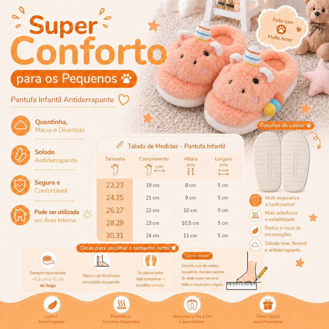 Pantufa Infantil Unicórnio Laranja Inverno Quarto Criança Frio Térmica Antiderrapante Unissex Comfort Peluciado Aconcheg - Imagem 5