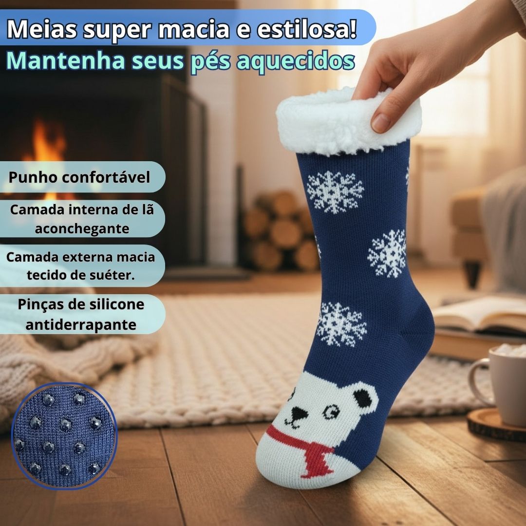 Meia Térmica Adulto Azul Frio Inverno Antiderrapante Peluciada  Urso Neve - Imagem 2