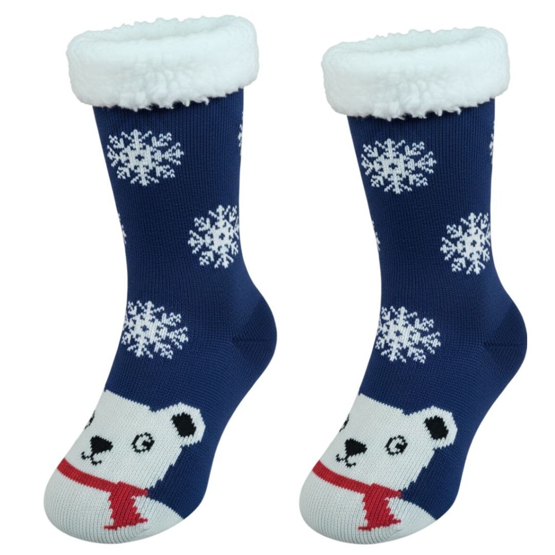 Meia Térmica Adulto Azul Frio Inverno Antiderrapante Peluciada  Urso Neve