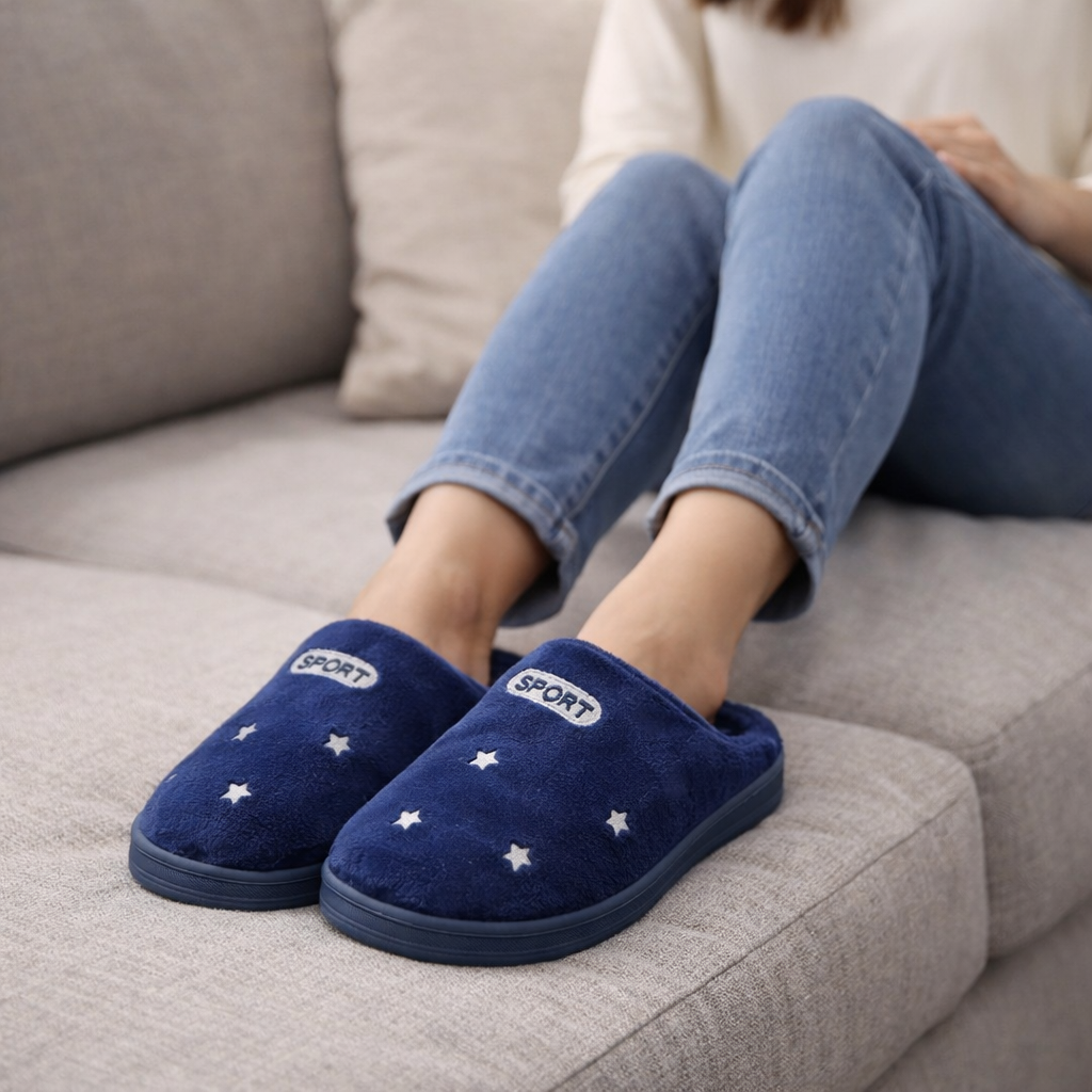 Pantufa Feminina Azul Peluciada Inverno Quarto Mãe Confortável Presente Confort Antiderrapante - Imagem 3