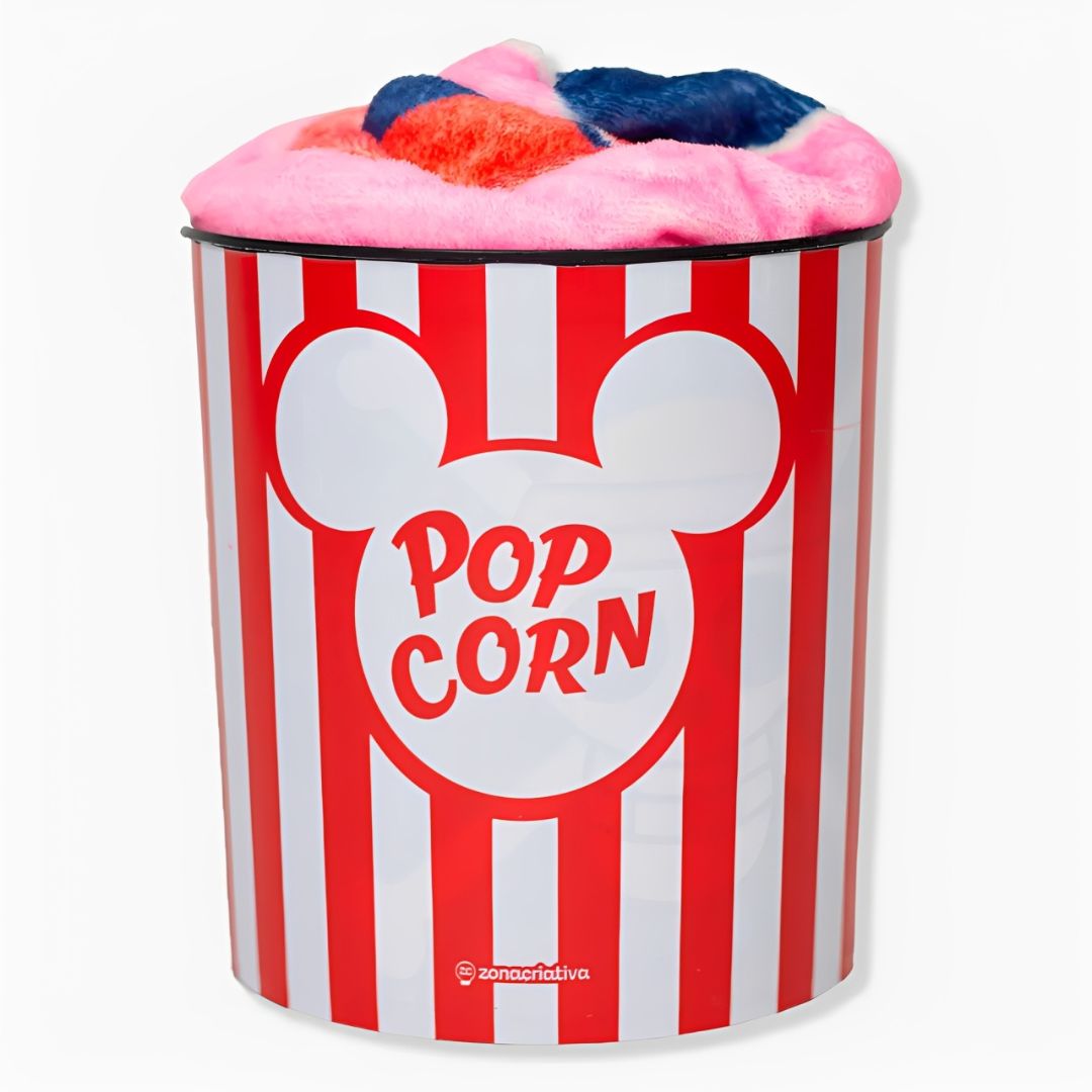 Kit Balde de Pipoca 5L Manta Mickey Mouse Minnie Namorados Série Filme Cinema Presente Inverno Frio Coleção