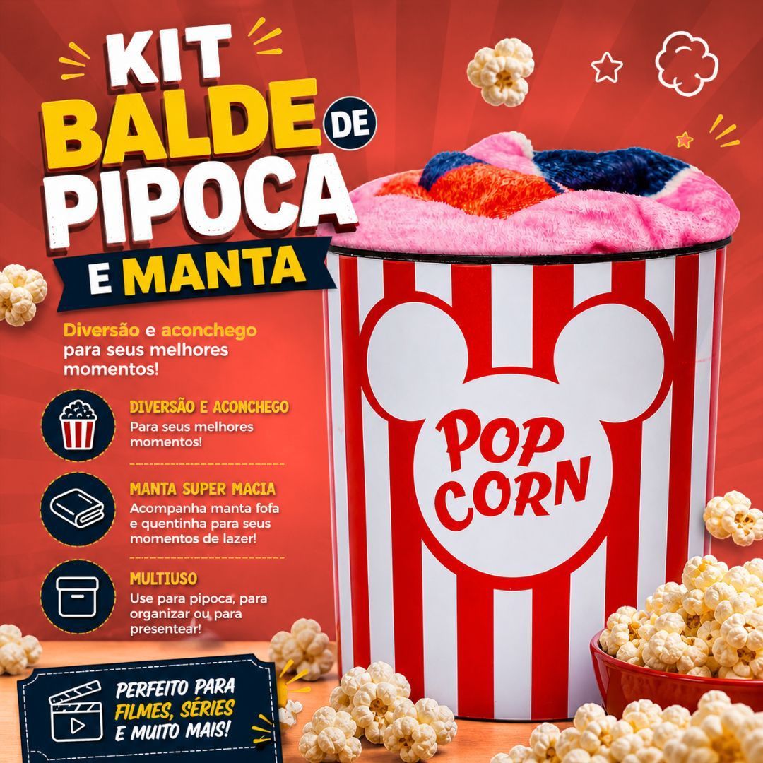 Kit Balde de Pipoca 5L Manta Mickey Mouse Minnie Namorados Série Filme Cinema Presente Inverno Frio Coleção - Imagem 2