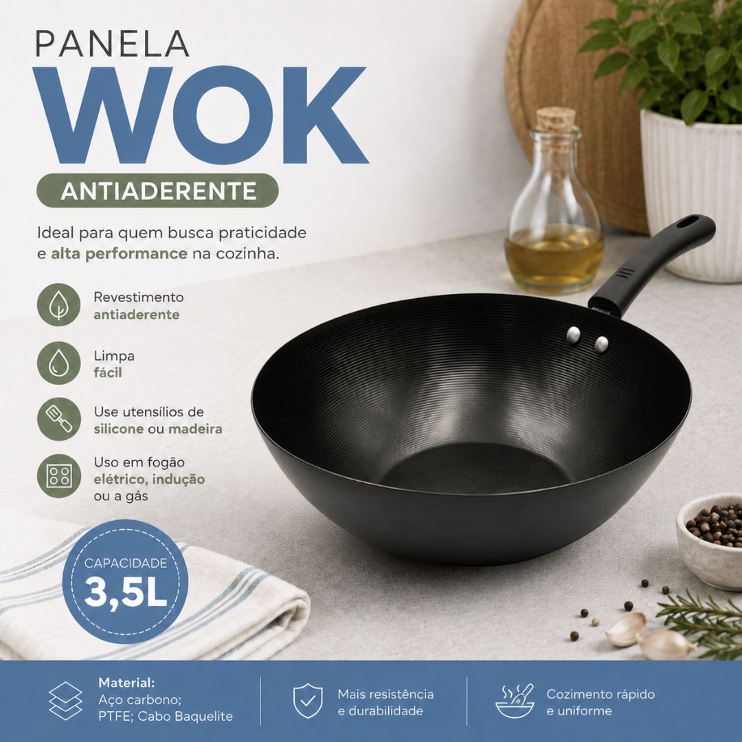 Panela Wok Grande 3,5L 30CM Profissional Gourmet Cozinha Jantar Almoço Salteados Legumes Carnes Presente - Imagem 2