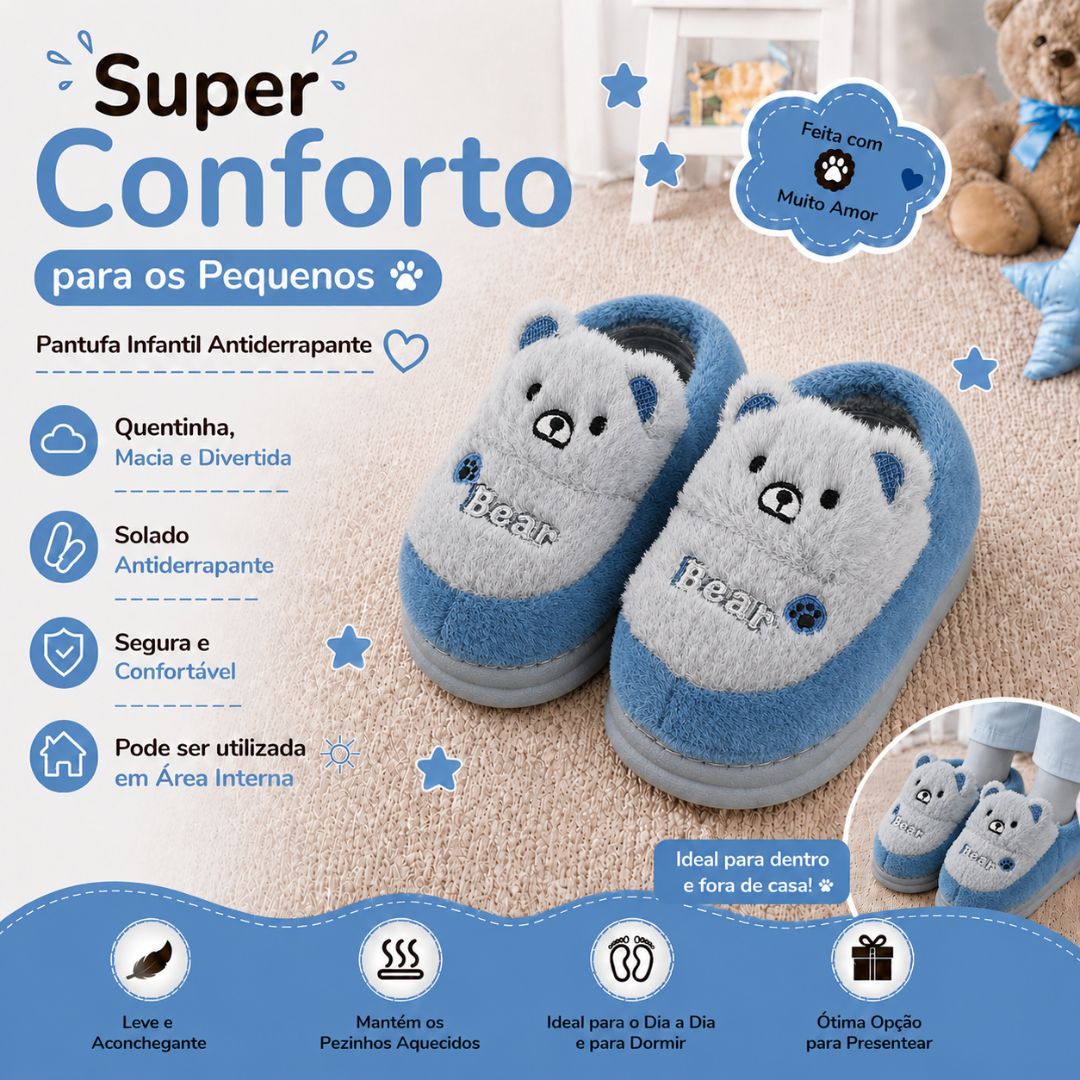 Pantufa Infantil Ursinho Azul Peluciada Menino Frio Quarto Inverno Antiderrapante  Térmica - Imagem 2