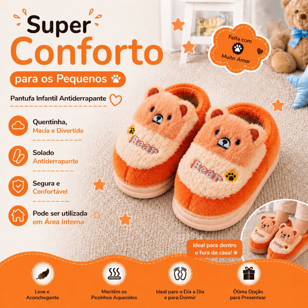Pantufa Infantil Ursinho Laranja Menina Menino Antiderrapante Peluciada Quarto Inverno Frio Térmica Aconchegante - Imagem 2
