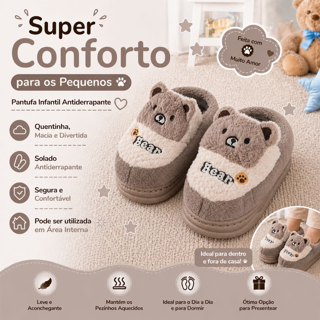 Pantufa Infantil Ursinho Marrom Bear Unissex Antiderrapante Peluciada Quarto Inverno Frio Térmica Aconchegante Chinelo - Imagem 2