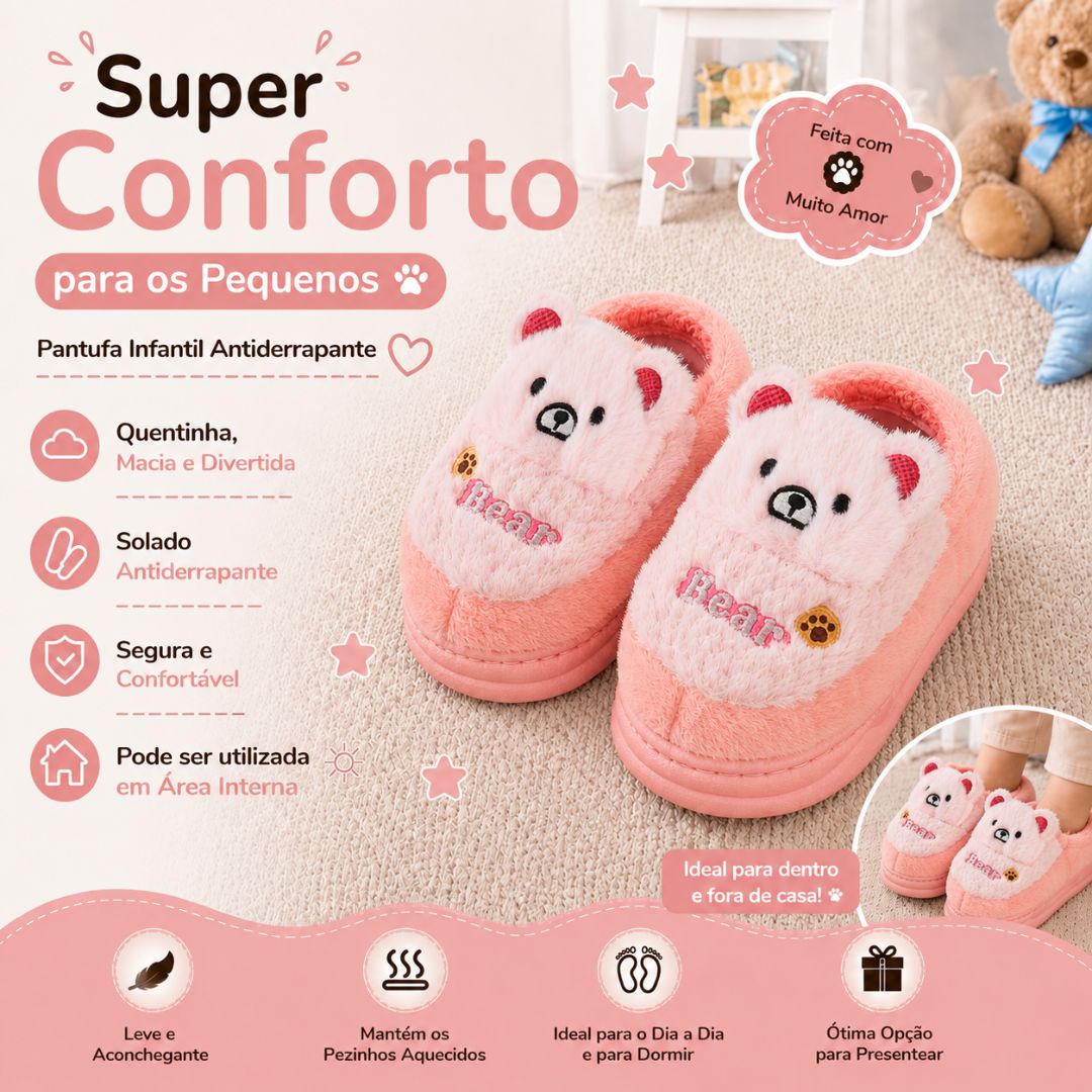 Pantufa Infantil Ursinho Rosa Bear Menina Antiderrapante Peluciada Quarto Inverno Frio Térmica Aconchegante Antiderrapan - Imagem 2