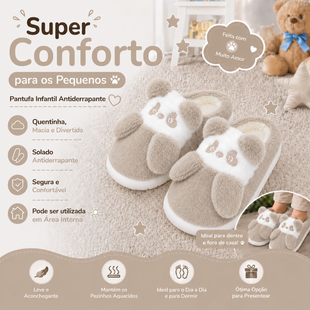 Pantufa Infantil Urso Panda Bege Frio Quarto Inverno Pelucia Menino Criança Aconchegante Térmica - Imagem 2
