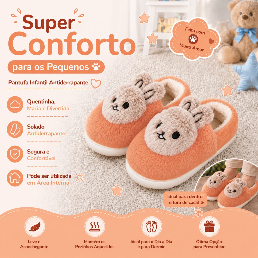 Pantufa Infantil Coelho Laranja Criança Quarto Frio Inverno Antiderrapante Pelucia Comfort Menino Menina - Imagem 2