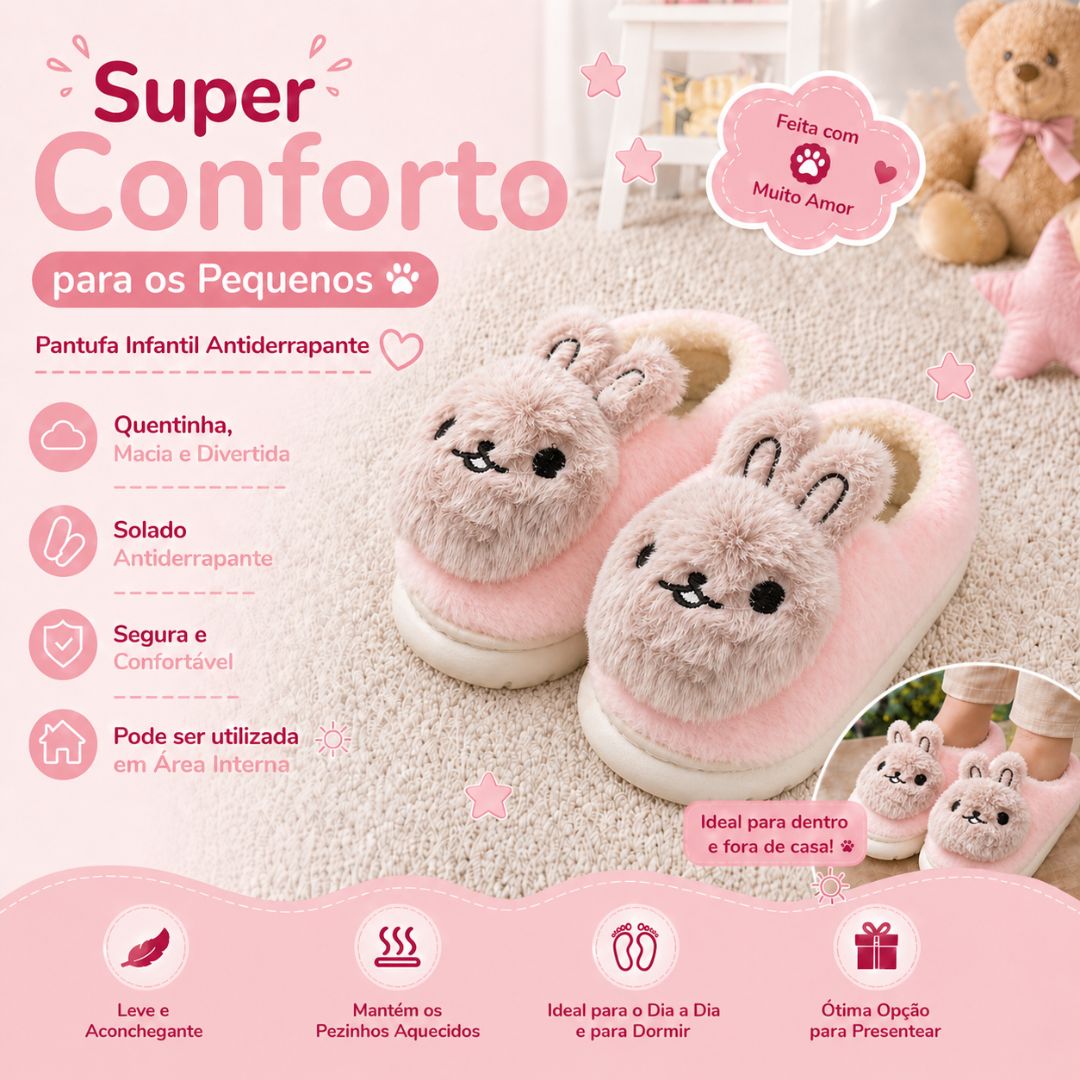 Pantufa Infantil Coelho Rosa Criança Quarto Frio Inverno Antiderrapante Pelucia Comfort  Menina - Imagem 2
