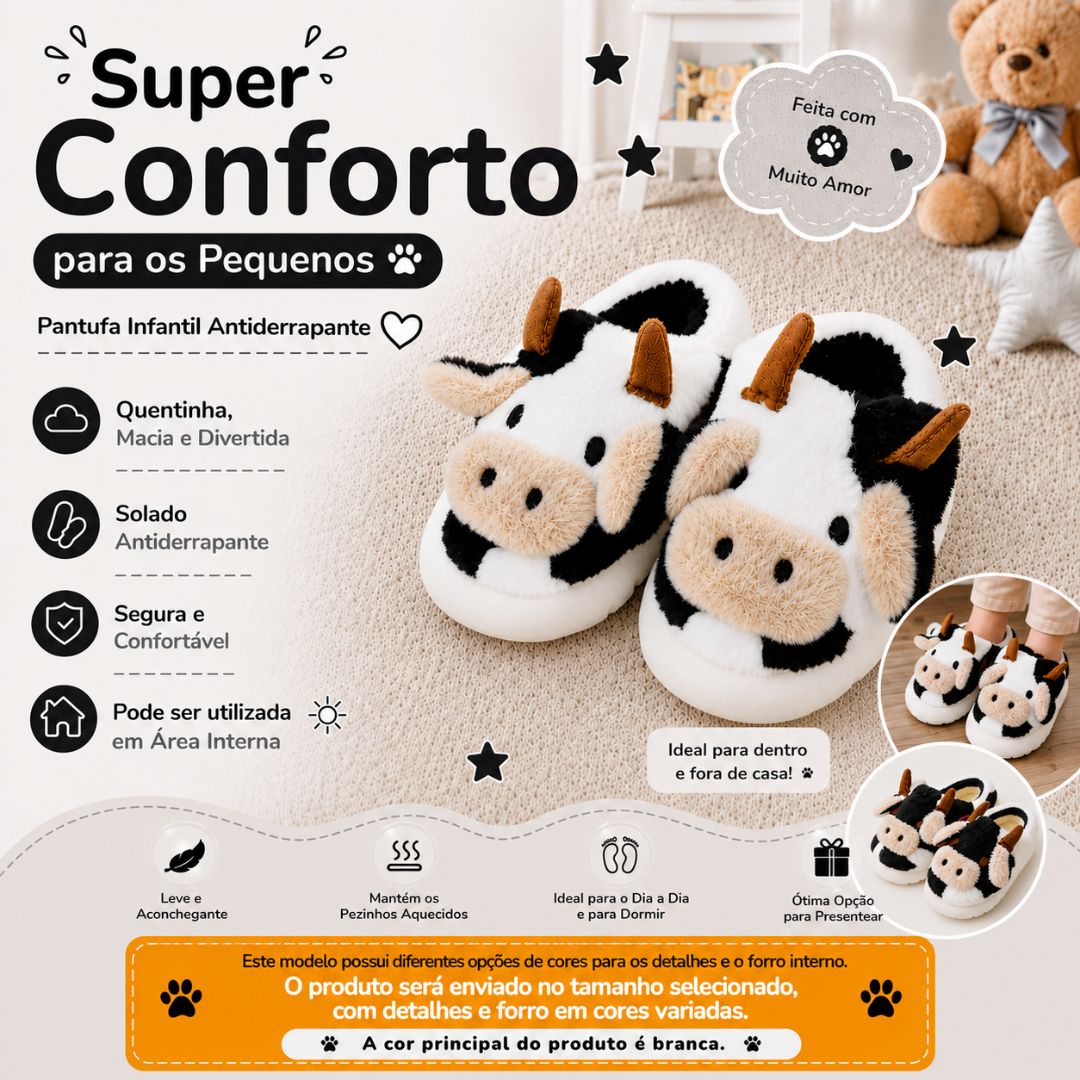 Pantufa Infantil Vaquinha Branco Chinelo Unissex Frio Menino Pelucia Inverno Criança Fazenda Aconchegante Menina Antider - Imagem 2