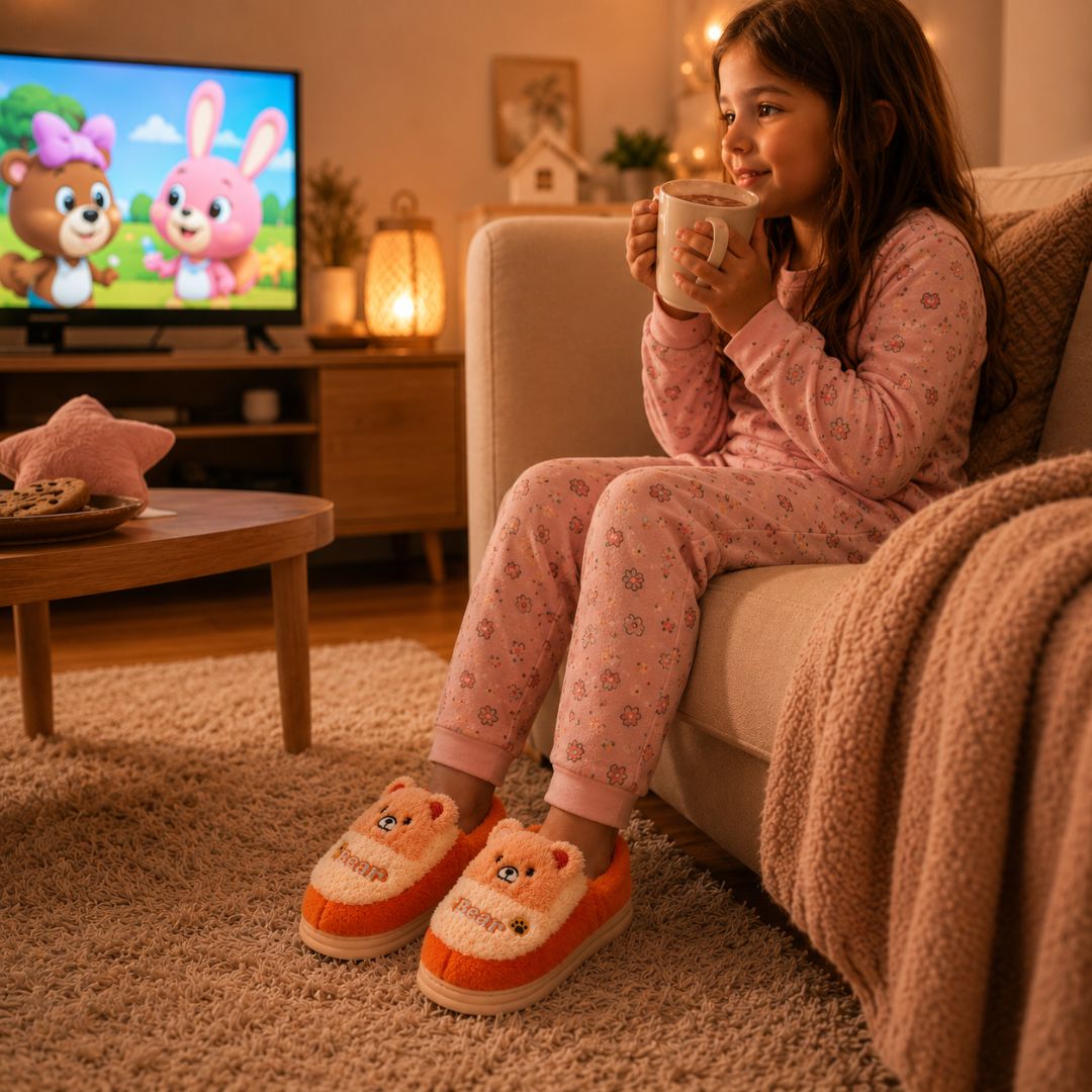 Pantufa Infantil Ursinho Laranja Menina Menino Antiderrapante Peluciada Quarto Inverno Frio Térmica Aconchegante - Imagem 3