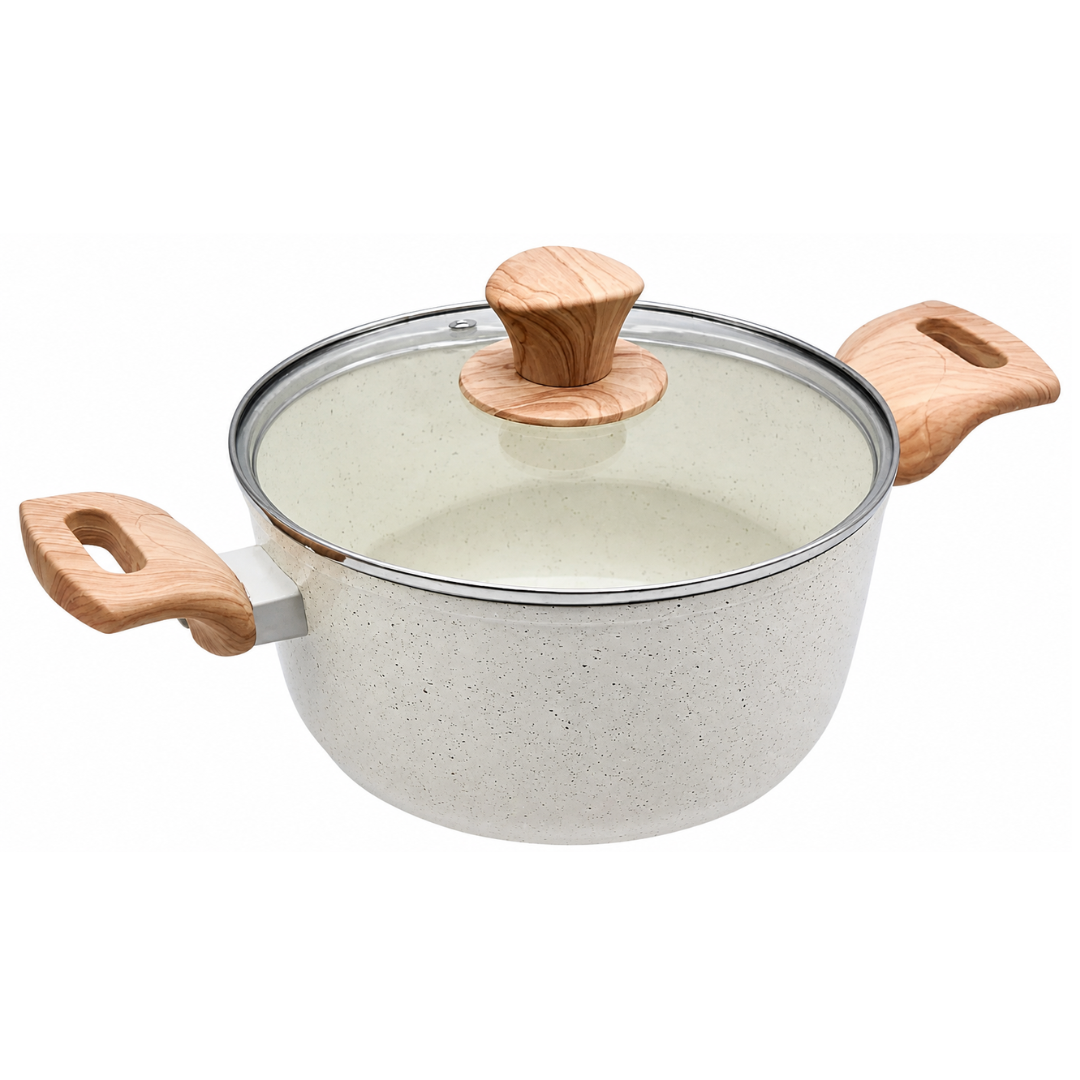 Panela Caçarola Creme Com Tampa Vidro 2,4 Litros 20 X 9,5CM Indução Antiaderente Presente Mãe Jantar Almoço Cerâmica Des