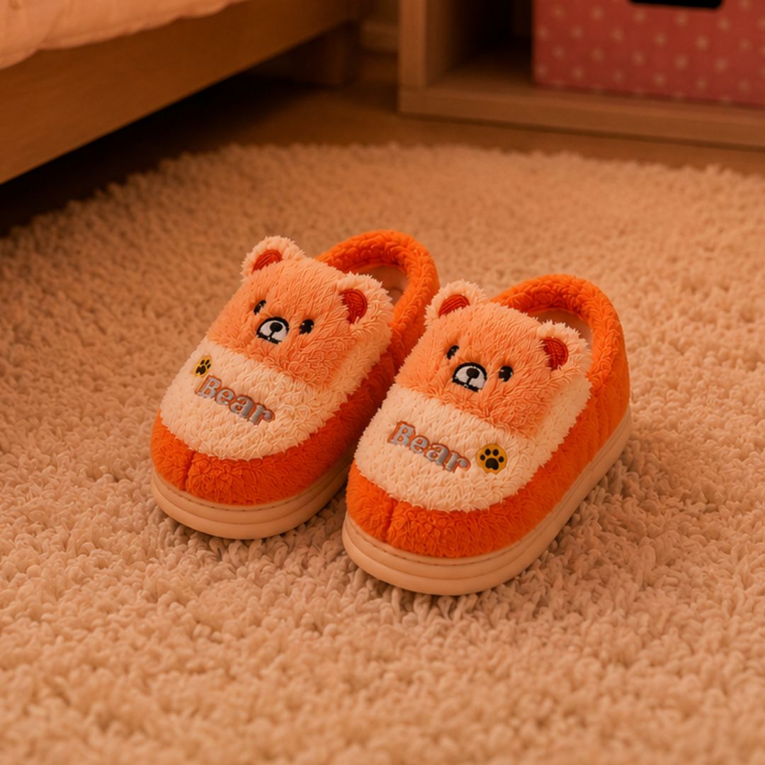 Pantufa Infantil Ursinho Laranja Menina Menino Antiderrapante Peluciada Quarto Inverno Frio Térmica Aconchegante - Imagem 4